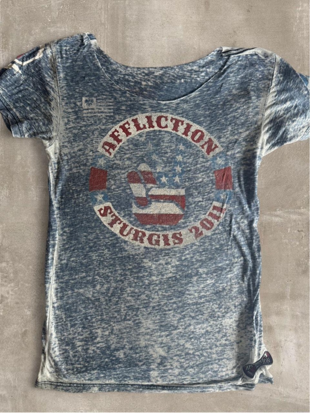 Affliction Blue Faded Graphic Tee with Red & Cream Sturgis Logo